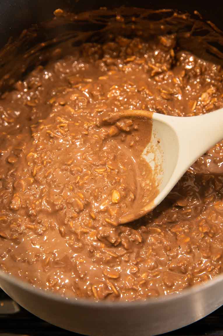 Chocolate protein oatmeal being cooked.
