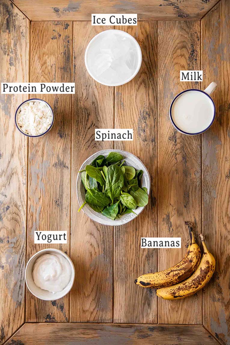 Ingredients for spinach banana smoothie recipe.