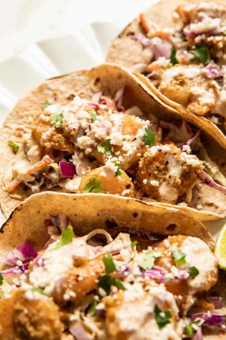 Angled photo of Baja Shrimp Tacos Recipe.
