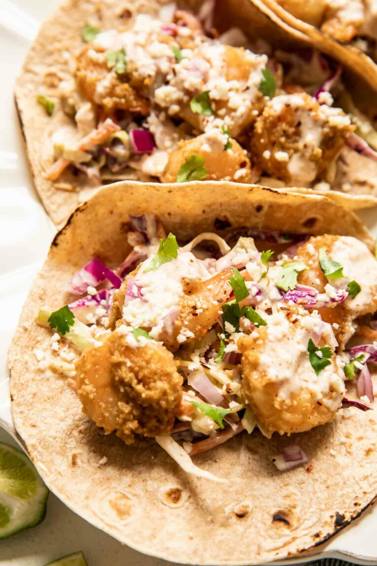 Close up of baja shrimp tacos.