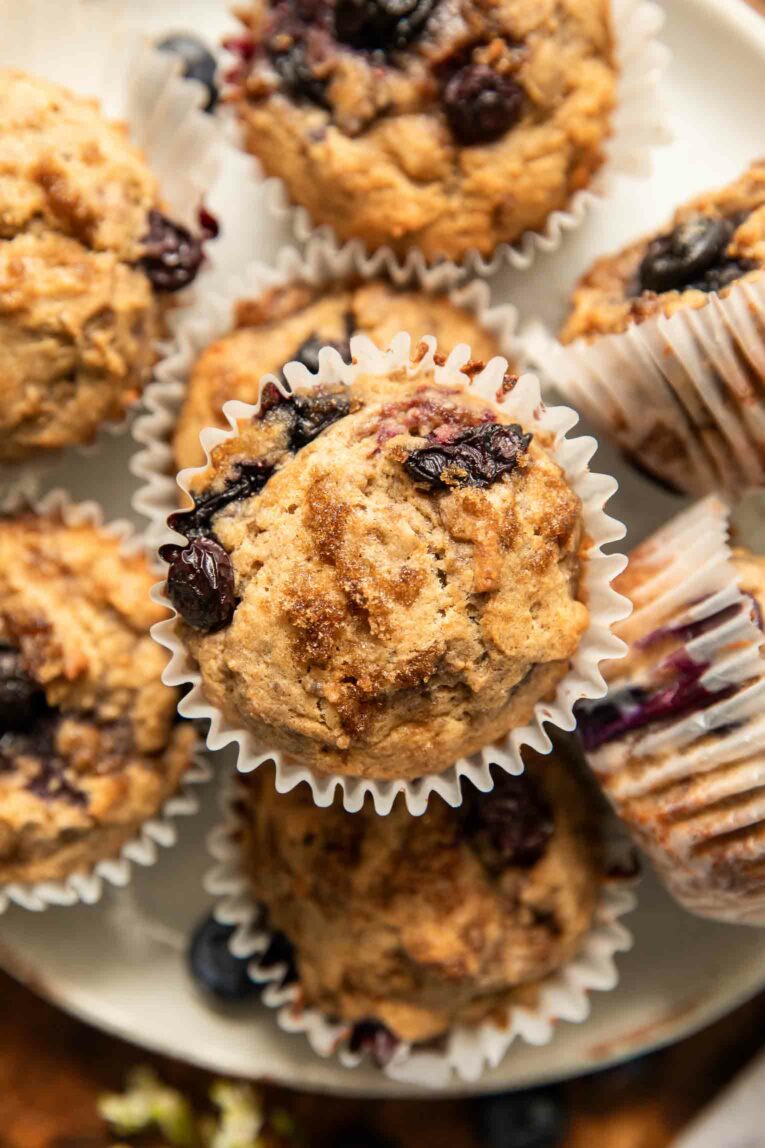 Close up of blueberry banana protein muffins.