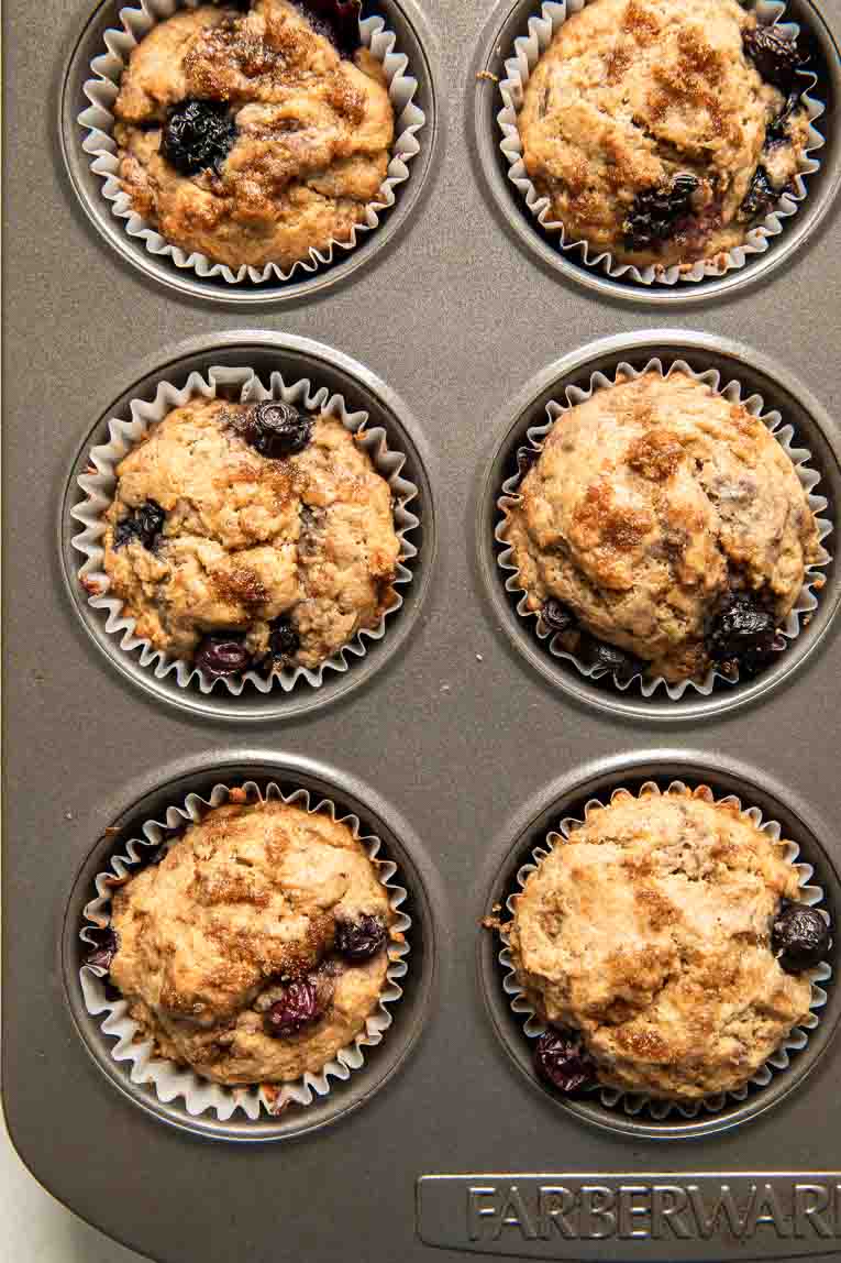 Freshly baked protein muffins in a cupcake pan.