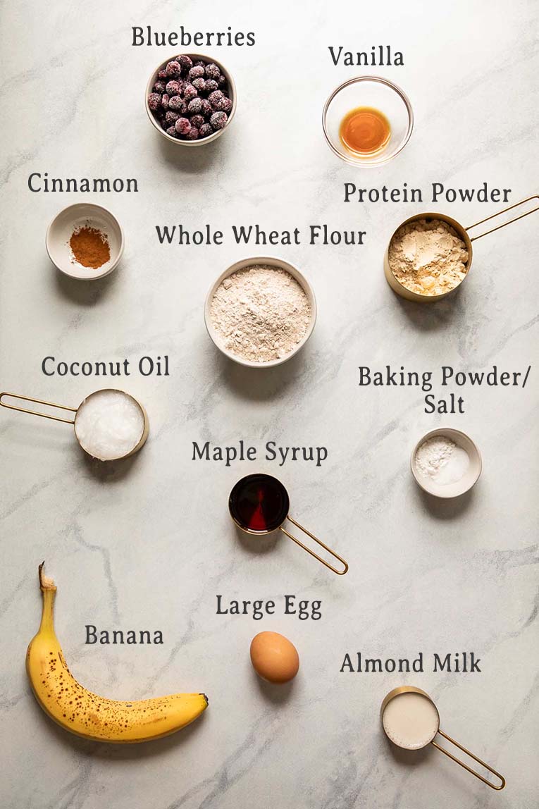 Ingredients for Blueberry Banana Protein Muffins.