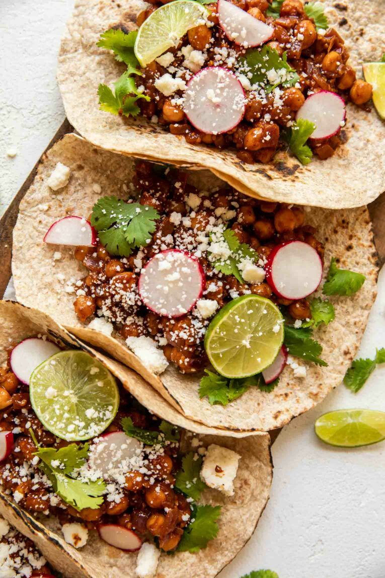 The best chickpea tacos that are vegan and spicy.