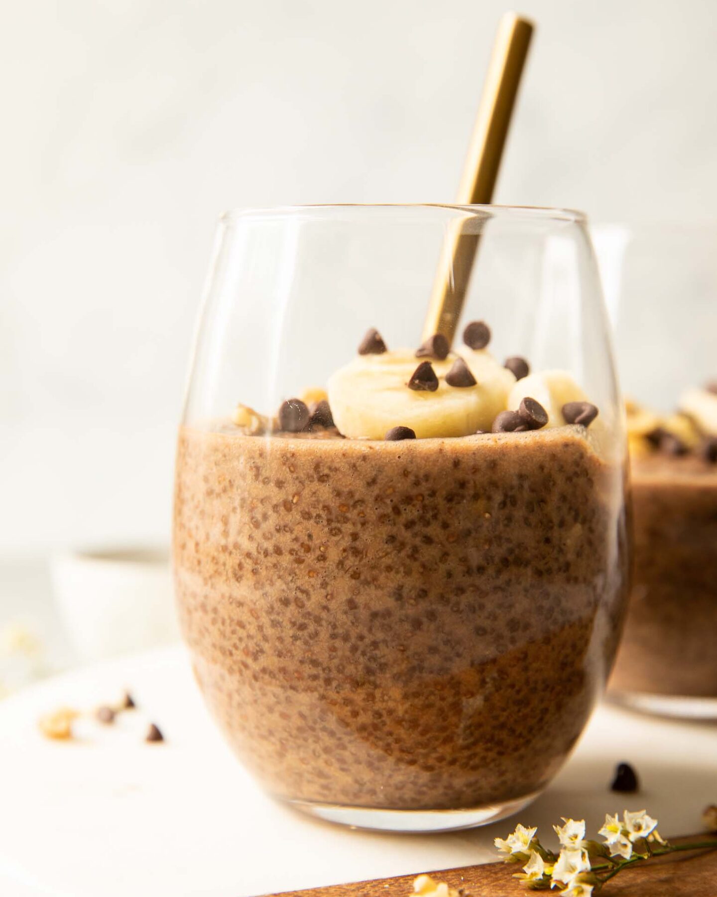 Chocolate Banana Chia Seed Pudding close up image.