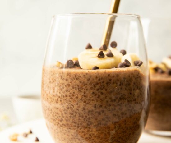 Chocolate Banana Chia Seed Pudding close up image.