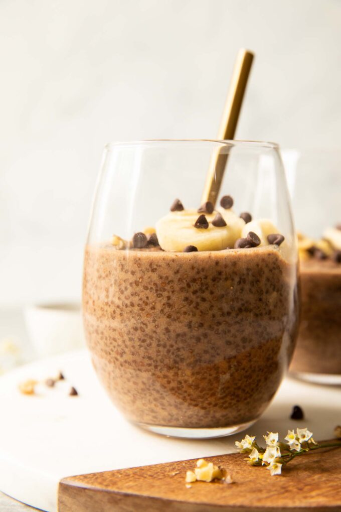 Chocolate Banana Chia Seed Pudding close up image.