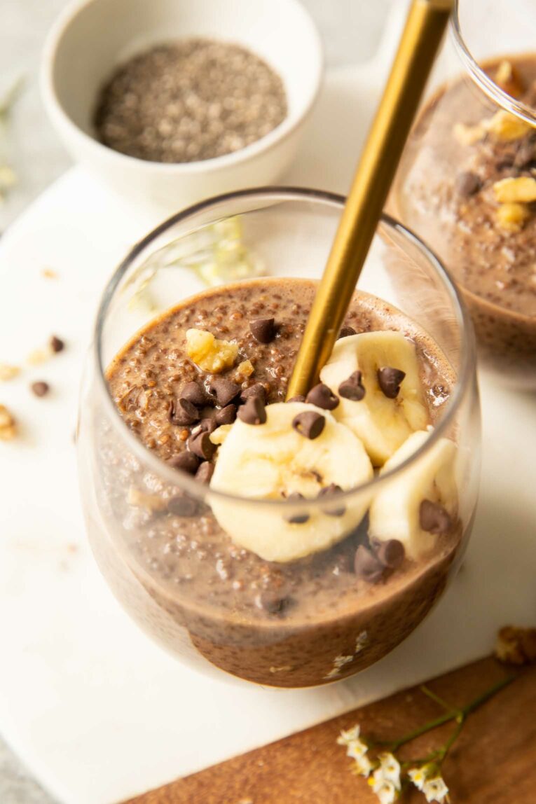 Angled photo of Chocolate Banana Chia Seed Pudding recipe.
