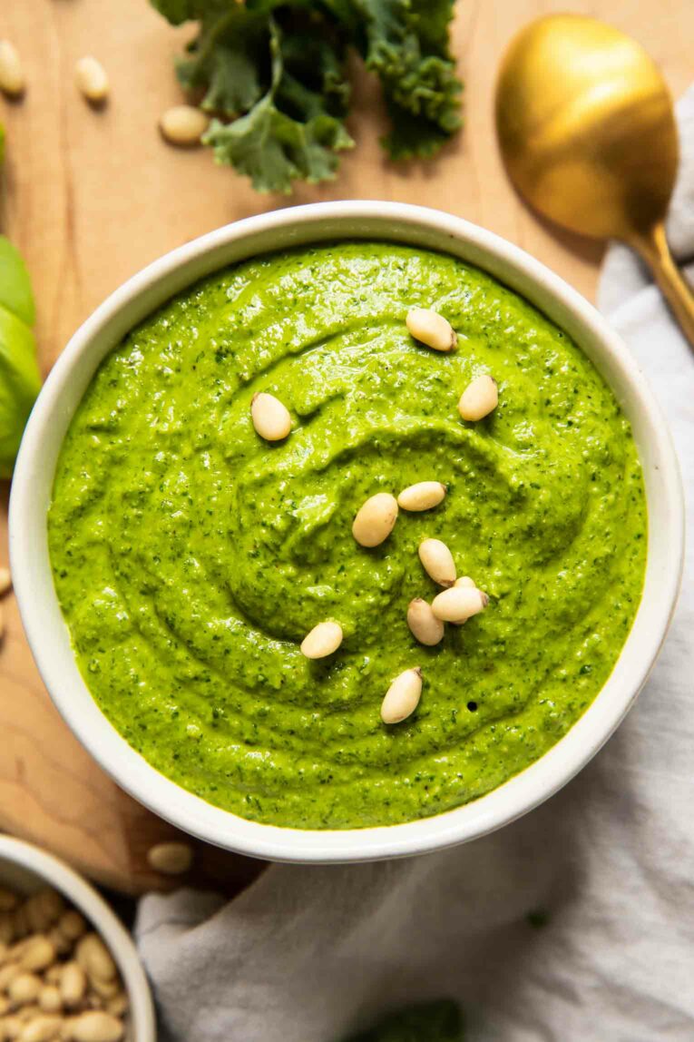 Close up of easy kale pesto recipe.