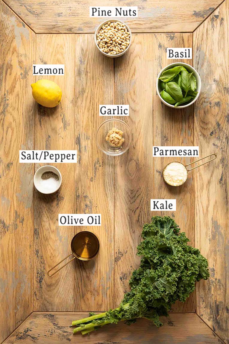 Ingredients for easy kale pesto recipe.