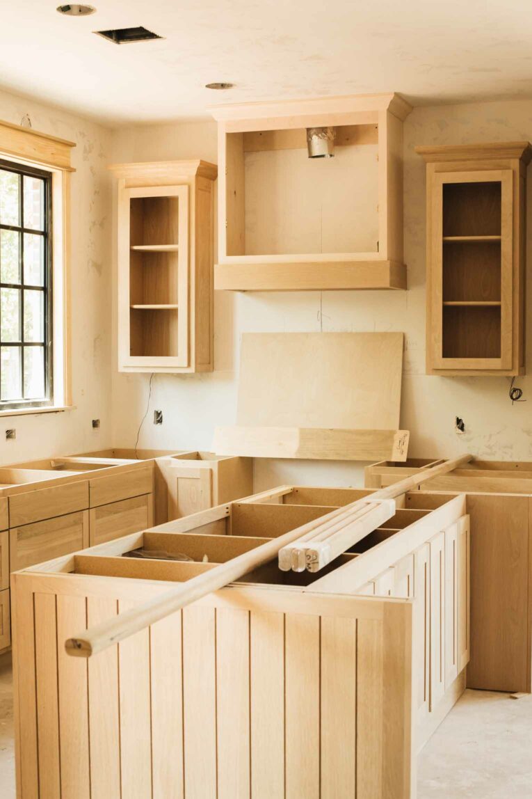 Angled photo of unfinished kitchen.