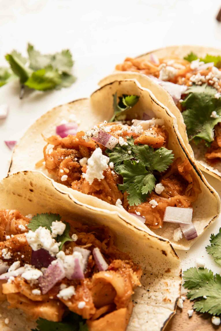 Angled photo of jackfruit tacos.