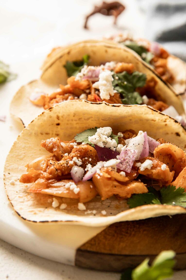 Angled photo of jackfruit pulled pork tacos recipe.