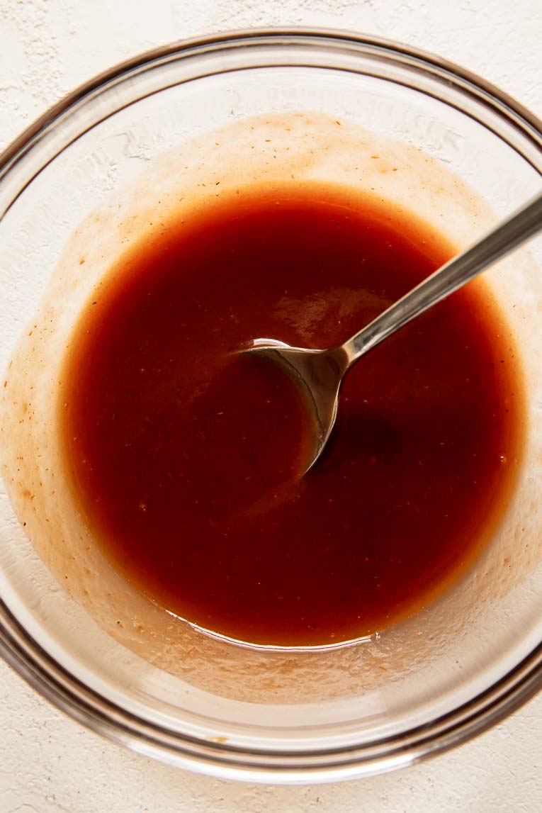 Vegan barbecue sauce in a mixing bowl.