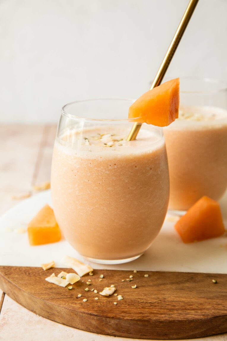 Cantaloupe banana smoothie recipe in a glass.