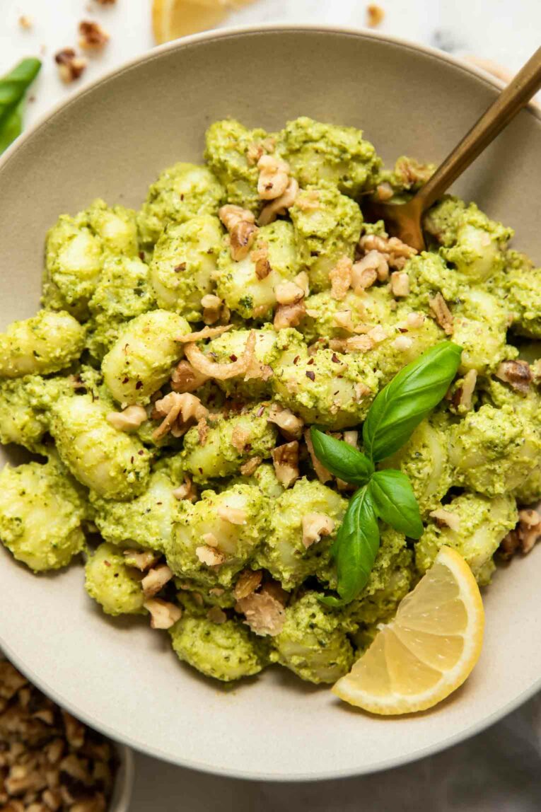 Top shot photo of pesto gnocchi recipe in a bowl.