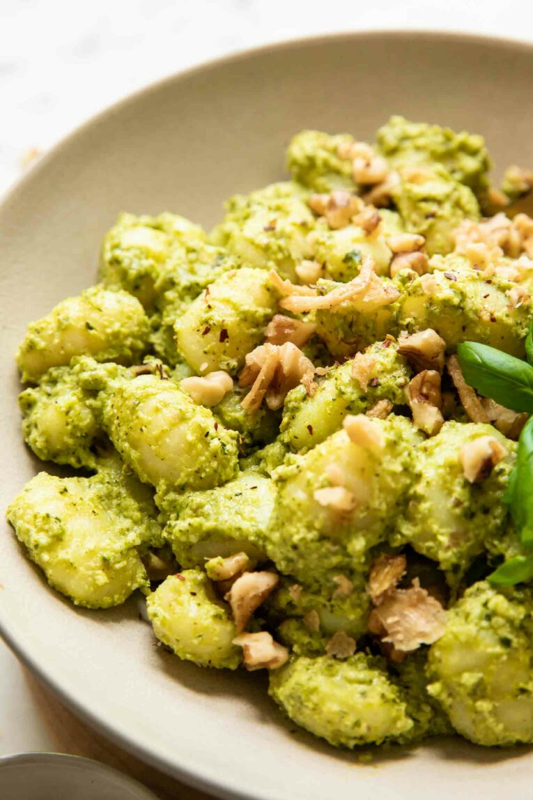 Angled photo of gnocchi pesto recipe.