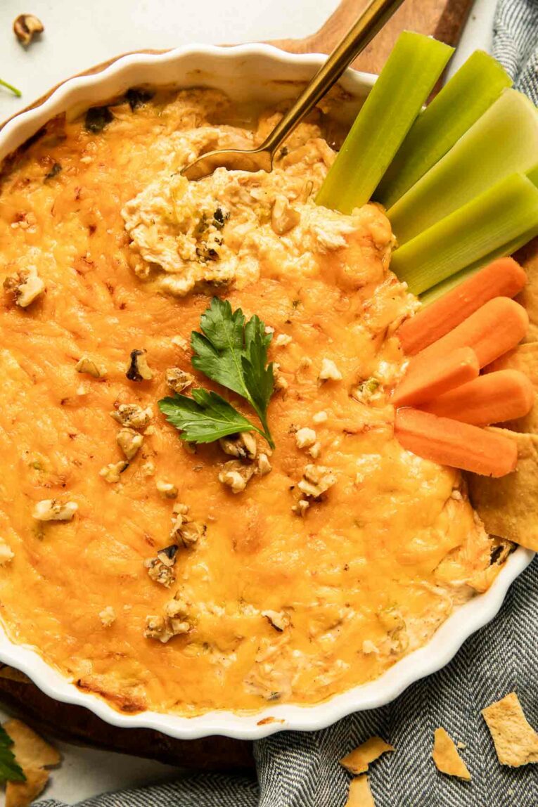 Close up of healthy buffalo chicken dip.