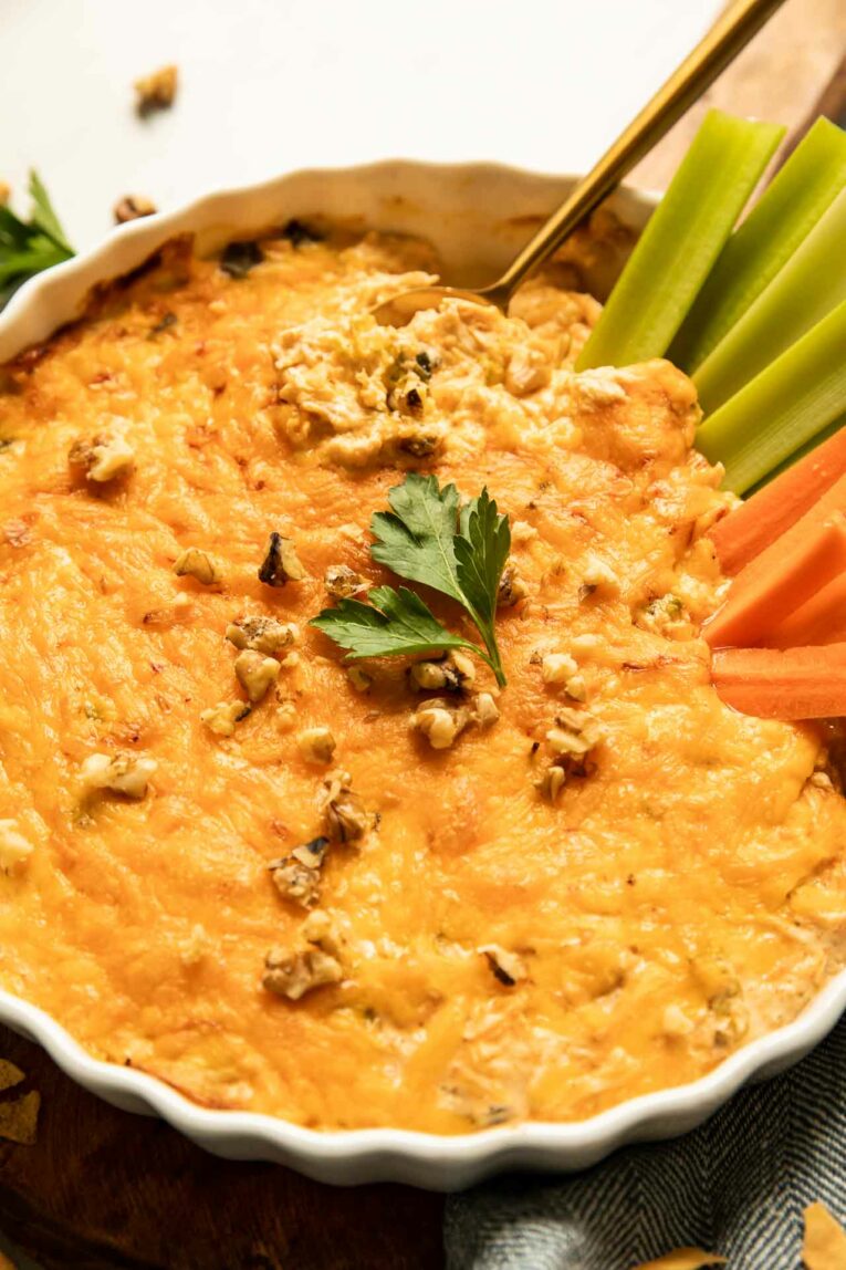 Angled photo of healthy buffalo chicken dip recipe.