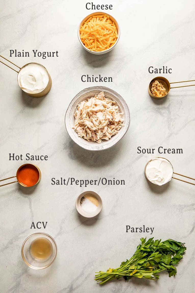 Ingredients for Healthy Buffalo Chicken Dip recipe.