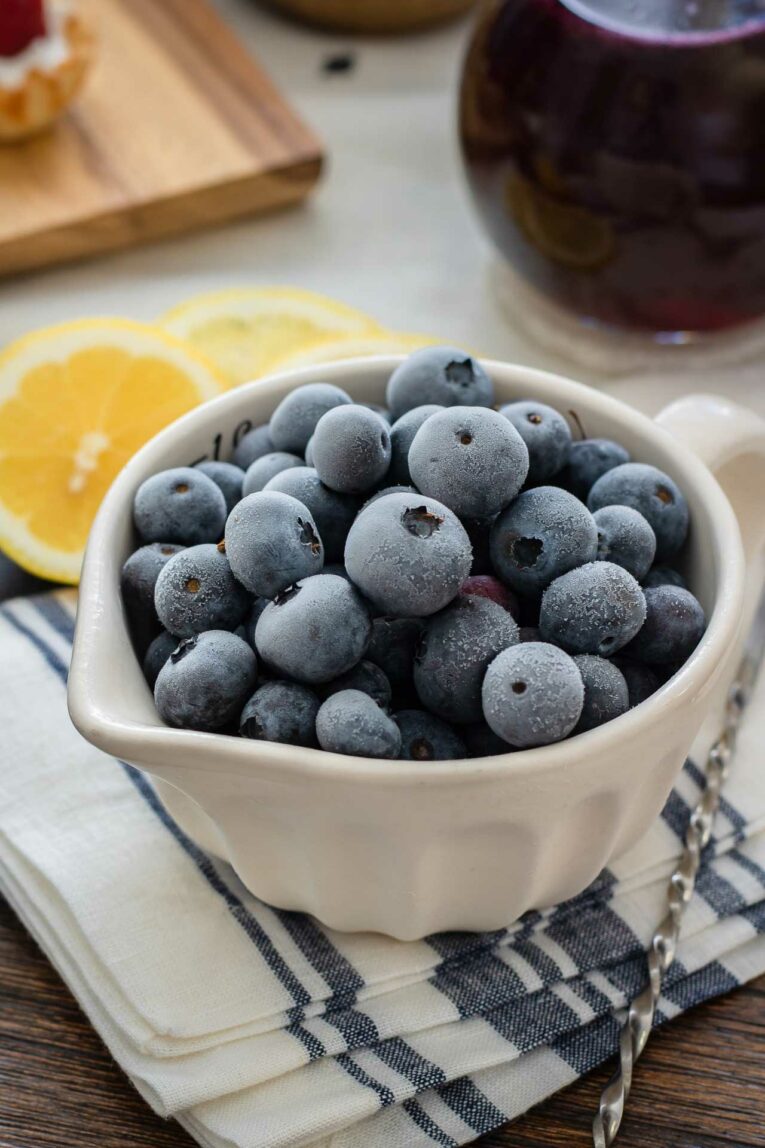 Frozen blueberries in a bowl.