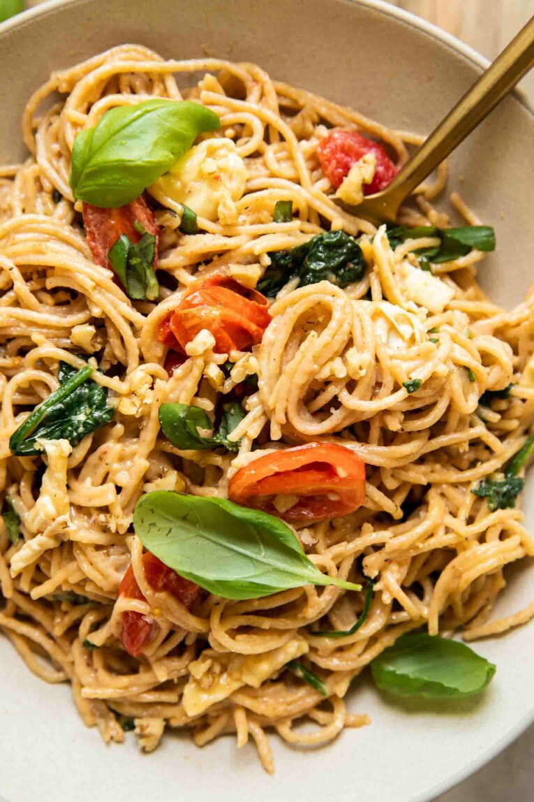 Close up of brie pasta recipe in a bowl.