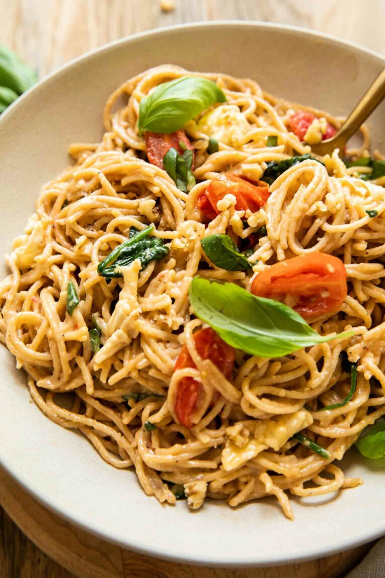 Angled photo of Creamy Brie Pasta Recipe.