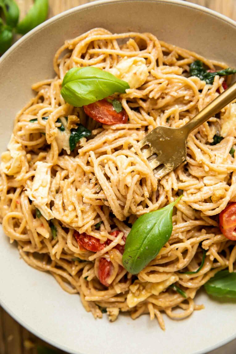 Close up of brie pasta spaghetti with fork.