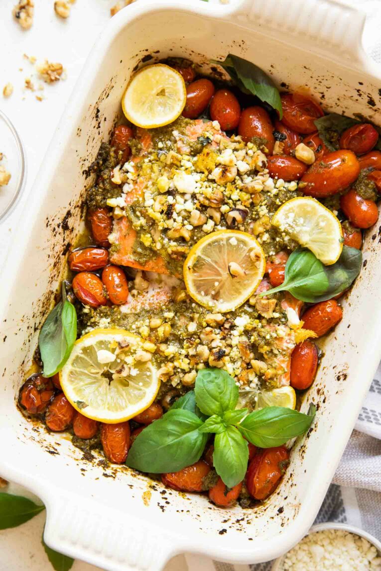 Lemon Basil Pesto Salmon recipe in a baking dish.