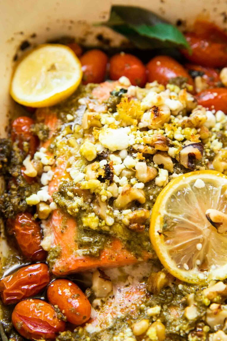 Angled photo of lemon basil salmon pesto.