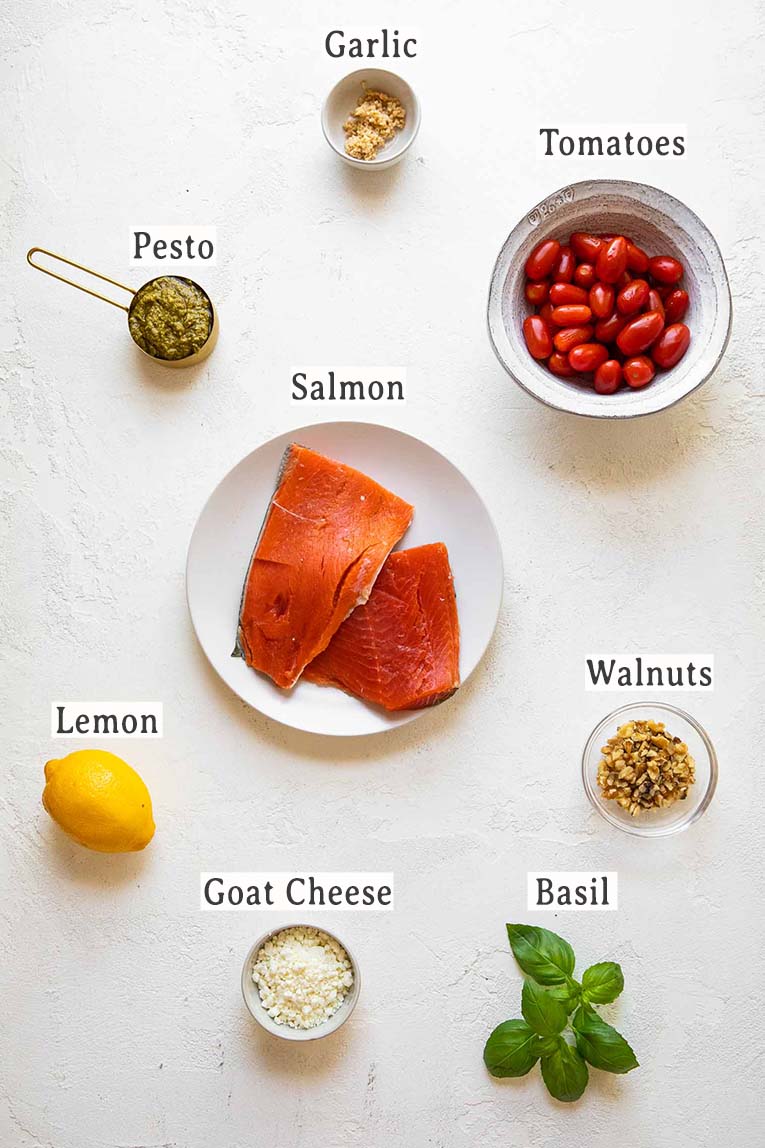 Ingredients for pesto salmon recipe.