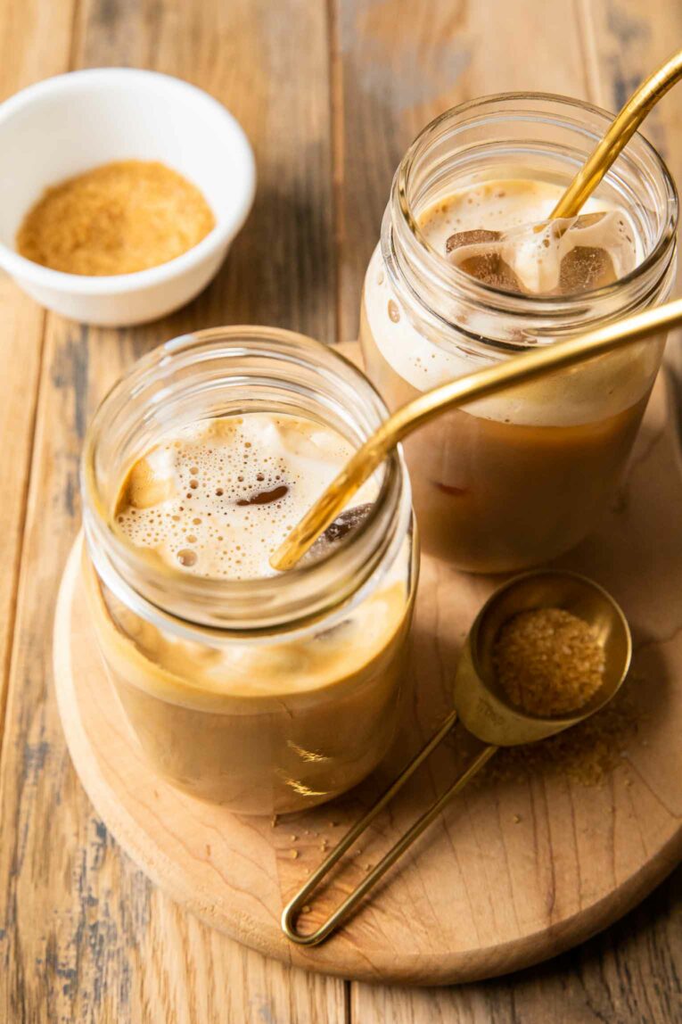Angled photo of healthy protein iced coffee.