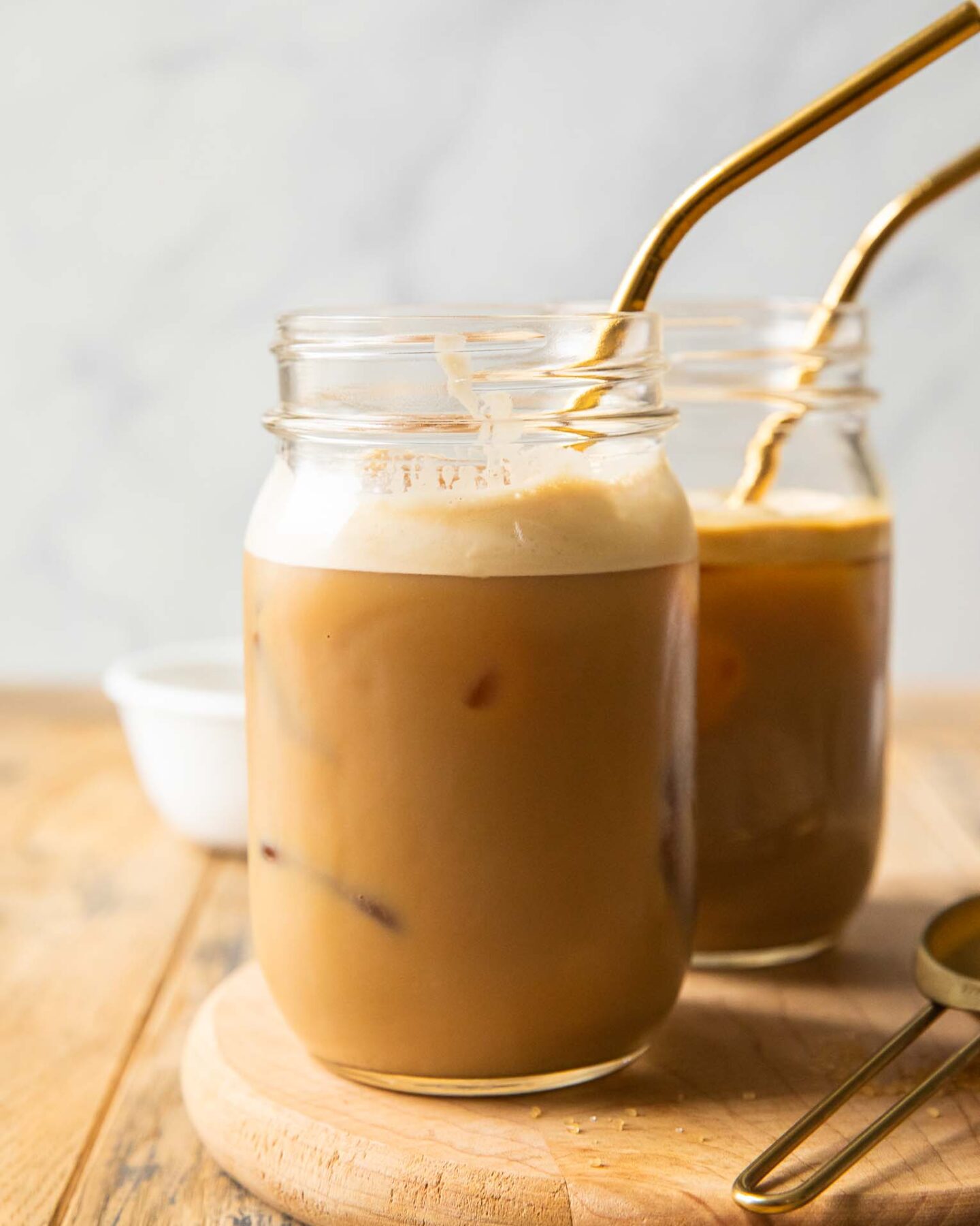 Protein iced coffee recipe in a mason jar.