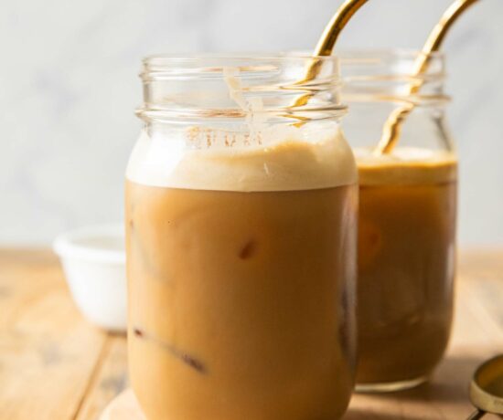 Protein iced coffee recipe in a mason jar.