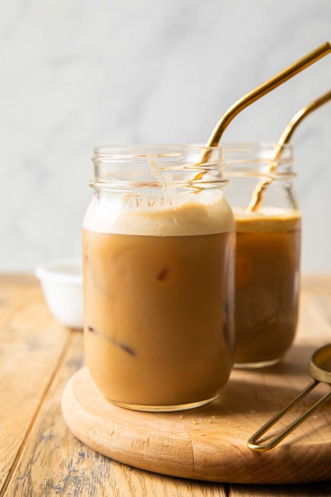 Protein iced coffee recipe in a mason jar.