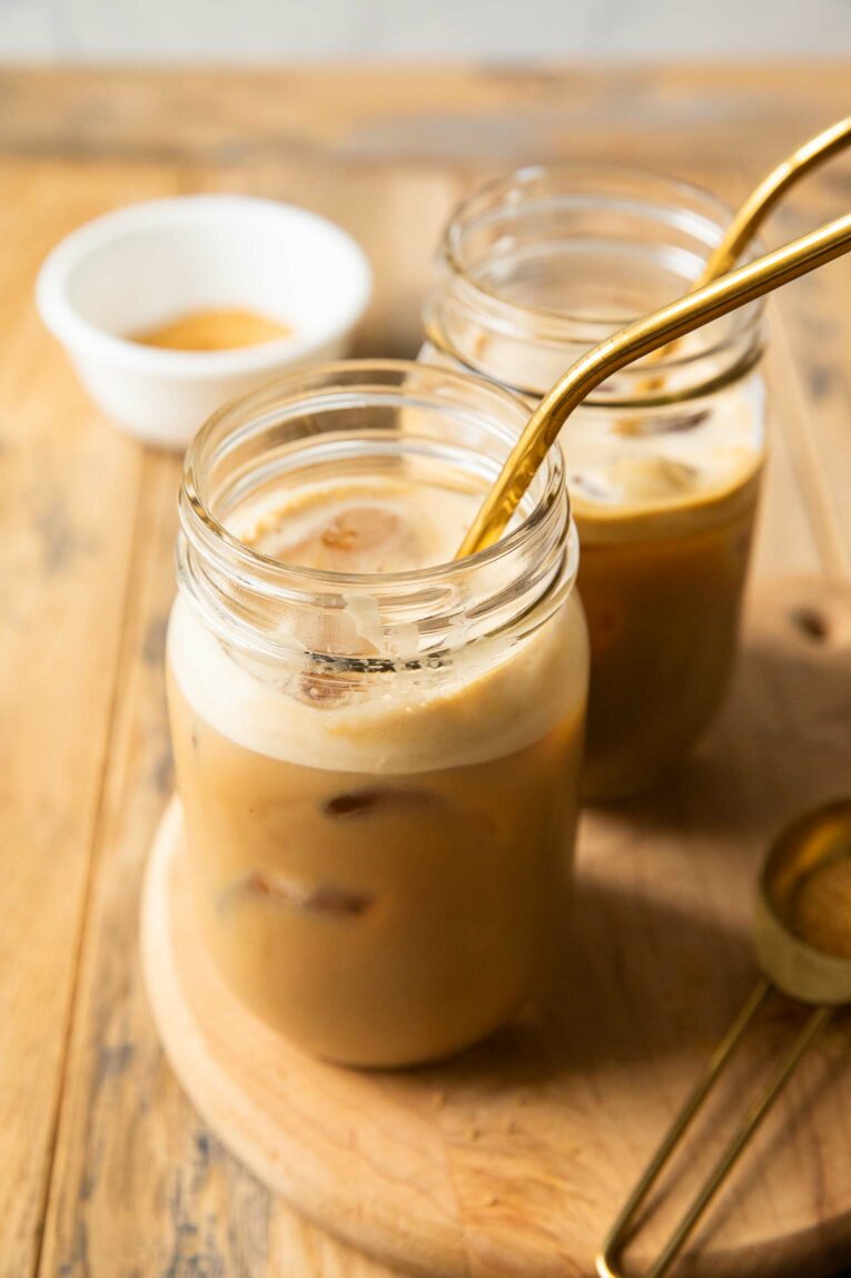 Angled photo of protein iced coffee.