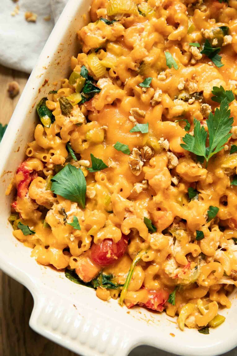 Close up of buffalo chicken pasta casserole.