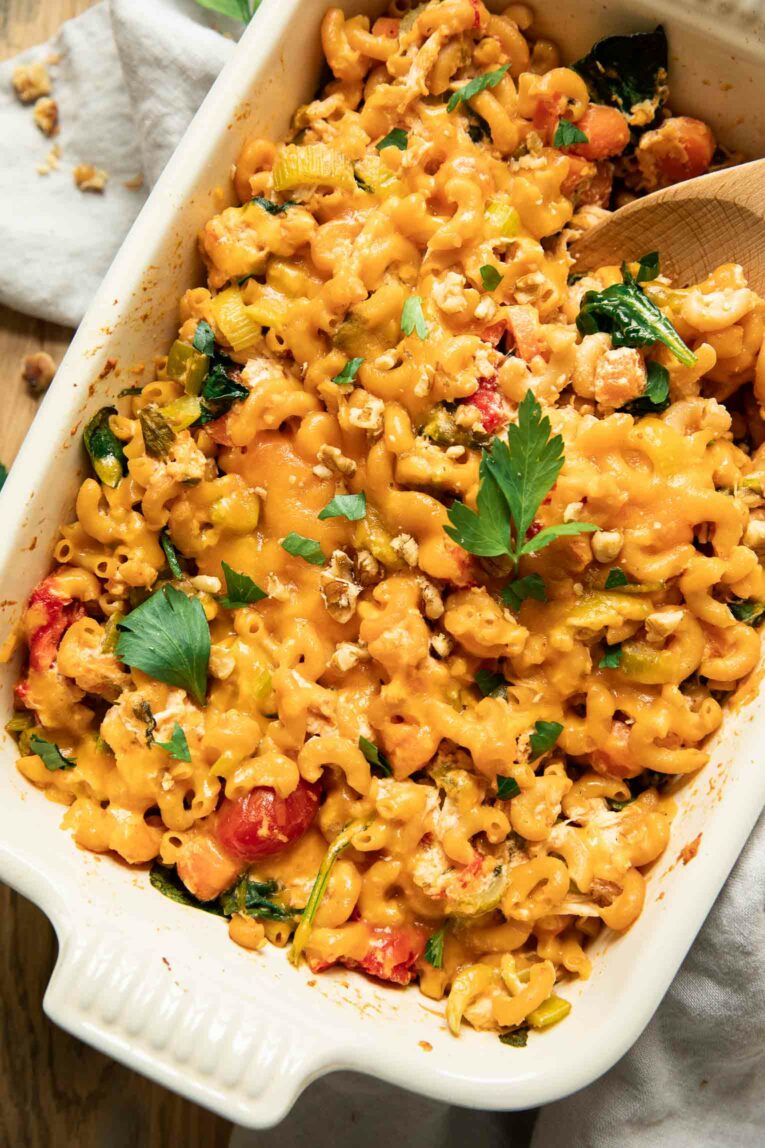 Buffalo chicken pasta bake recipe in a baking dish.