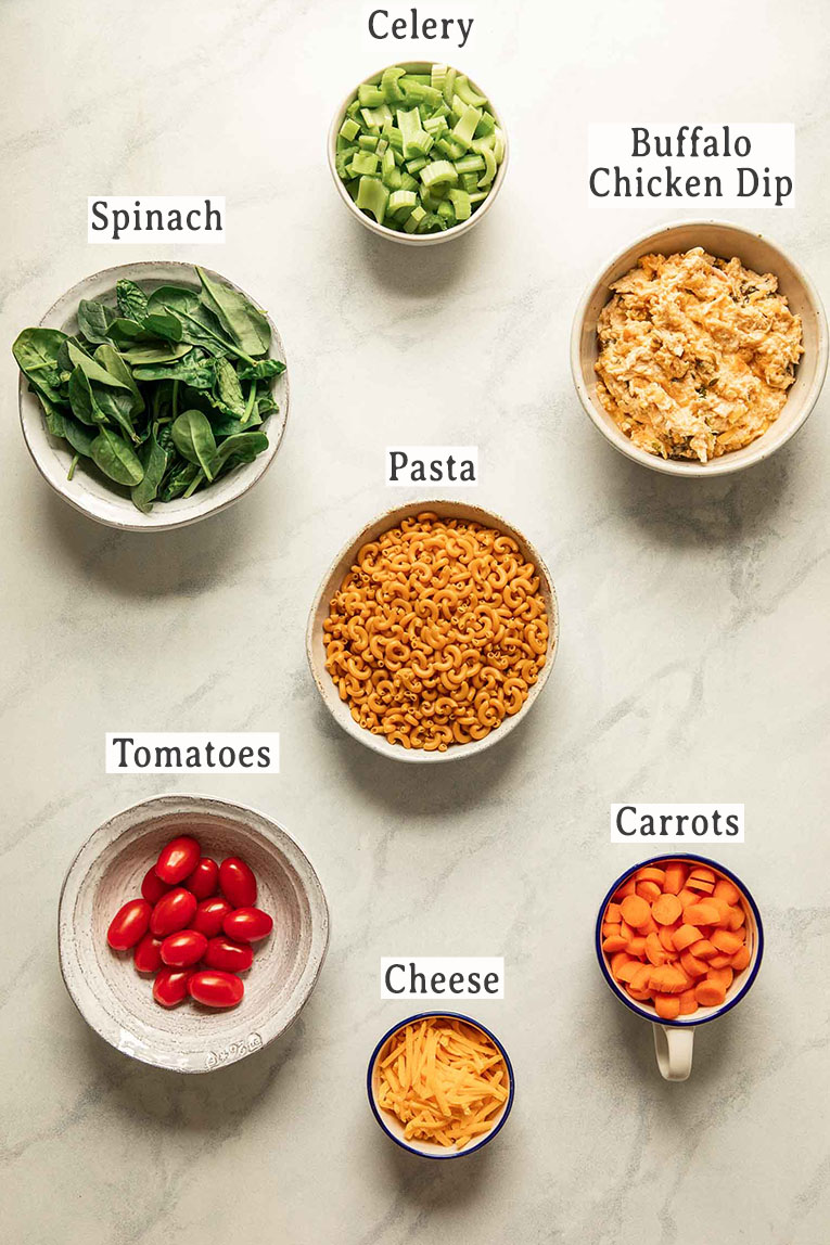 Ingredients for Buffalo Chicken Pasta Bake recipe.