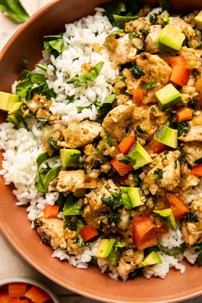 Chimichurri Chicken Bowl with rice and avocado.