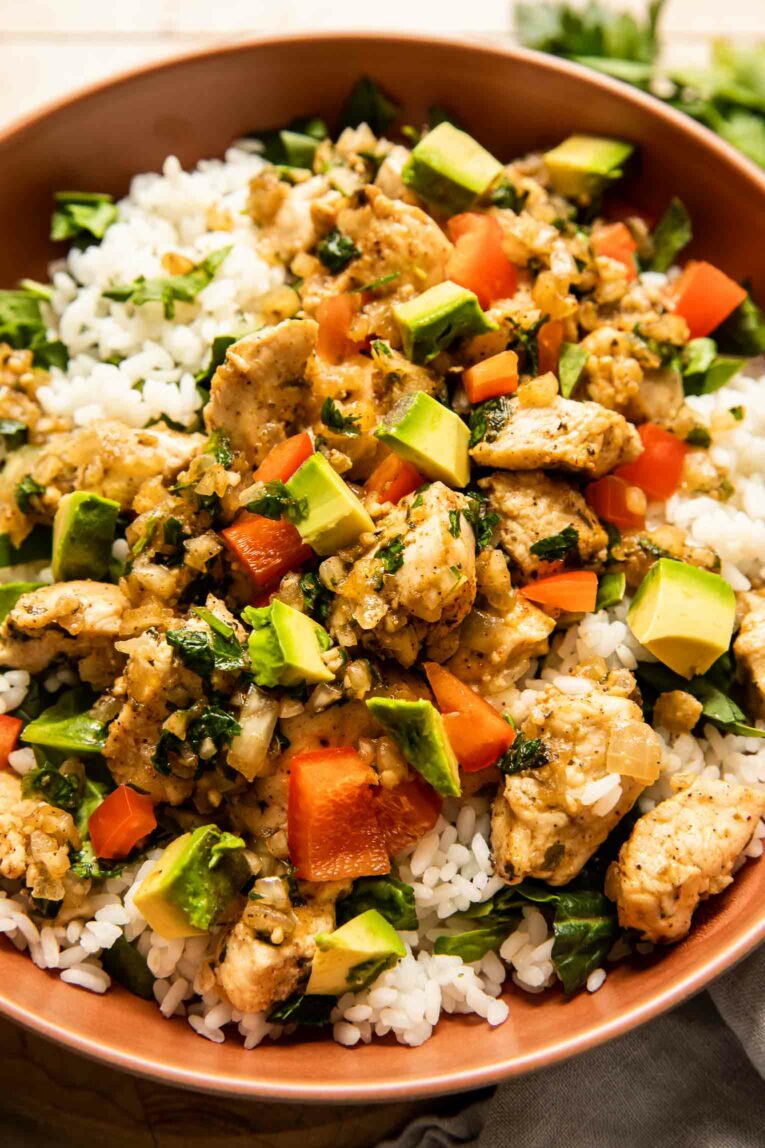 Angled photo of Chimichurri Chicken Bowl recipe.