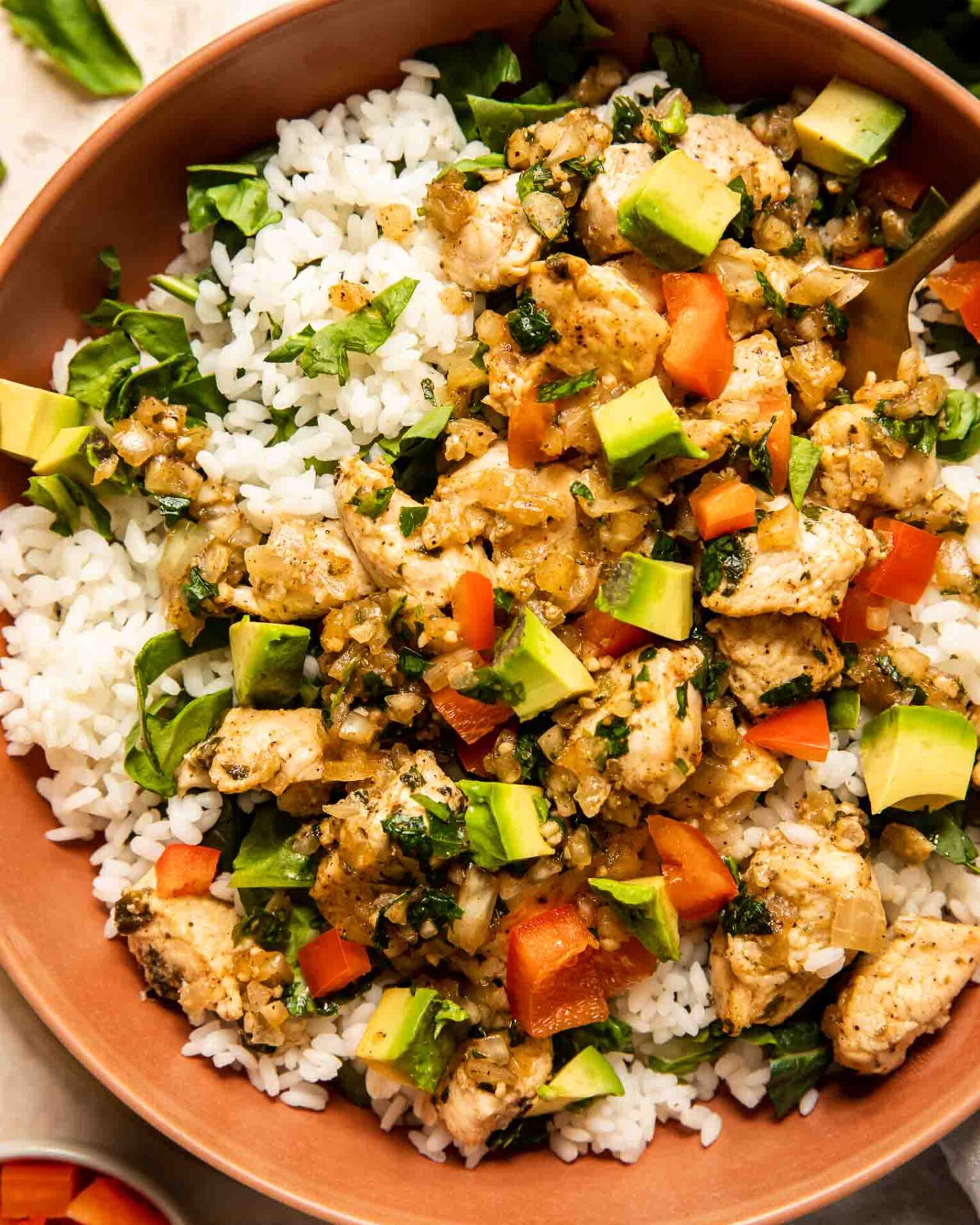 Chimichurri Chicken Bowls recipe with fresh parsley and peppers.