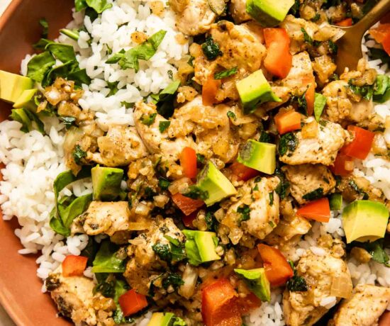 Chimichurri Chicken Bowls recipe with fresh parsley and peppers.