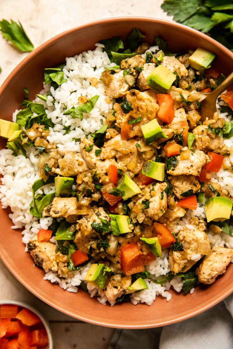 Chimichurri Chicken Bowls recipe with fresh parsley and peppers.
