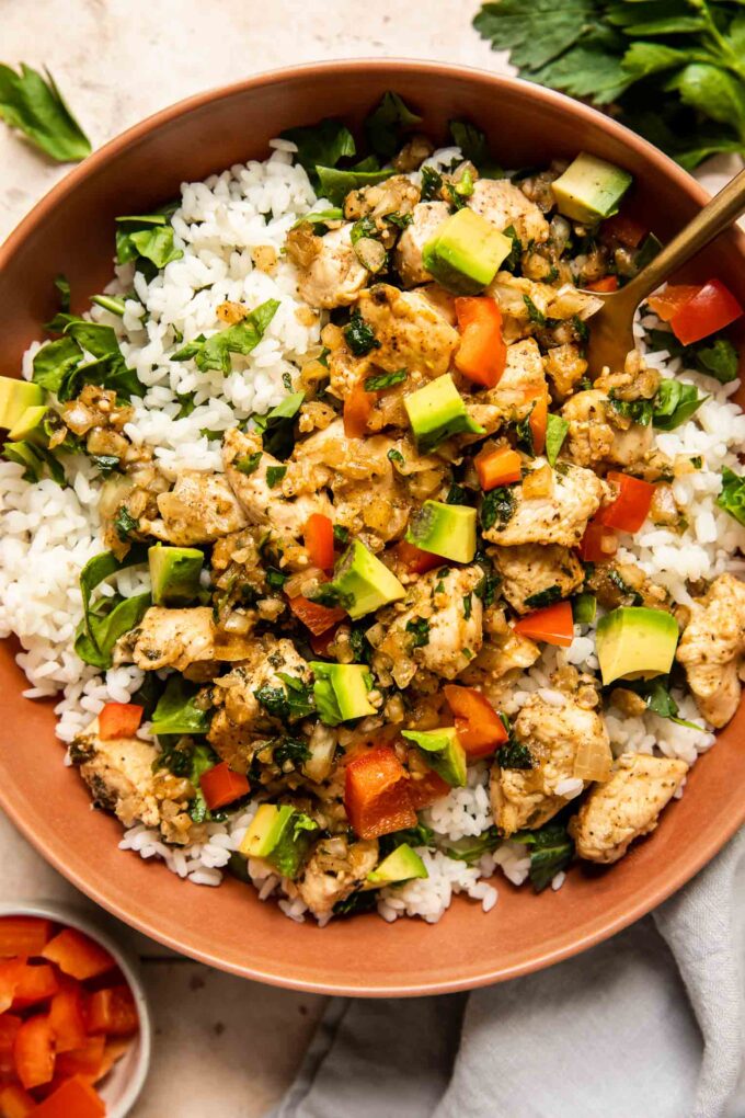 Close up of Chimichurri Chicken Bowls.