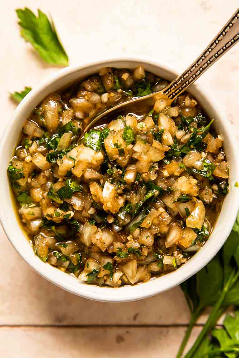 Chimichurri sauce in a bowl.