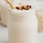 Peanut butter oatmeal smoothie recipe in a mason jar.
