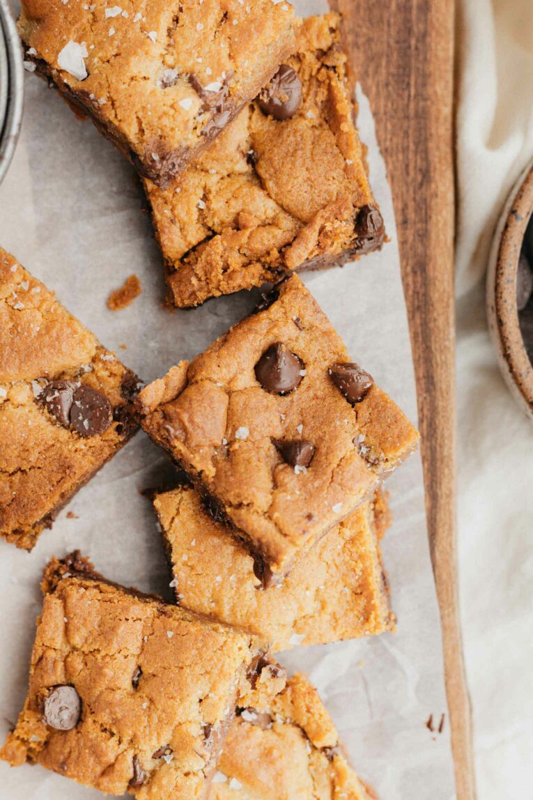 Vegan cookie bars on a baking sheet.