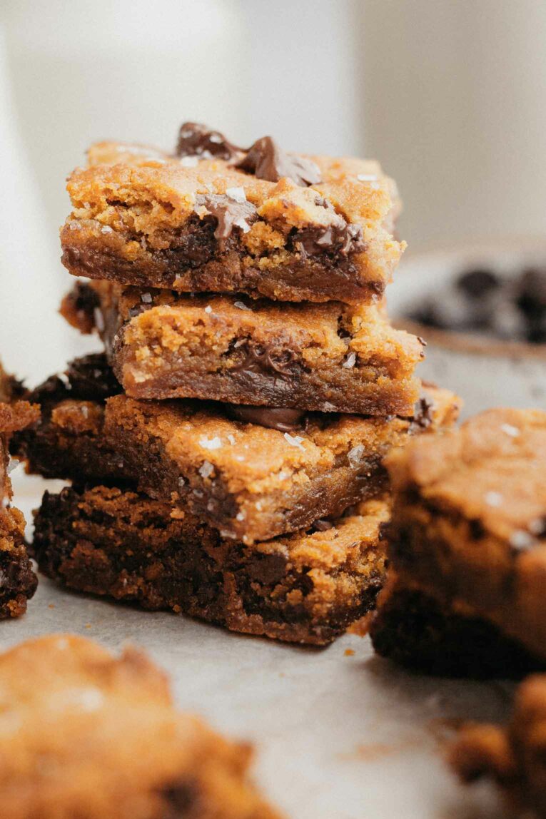Stack of vegan cookie bars recipe.
