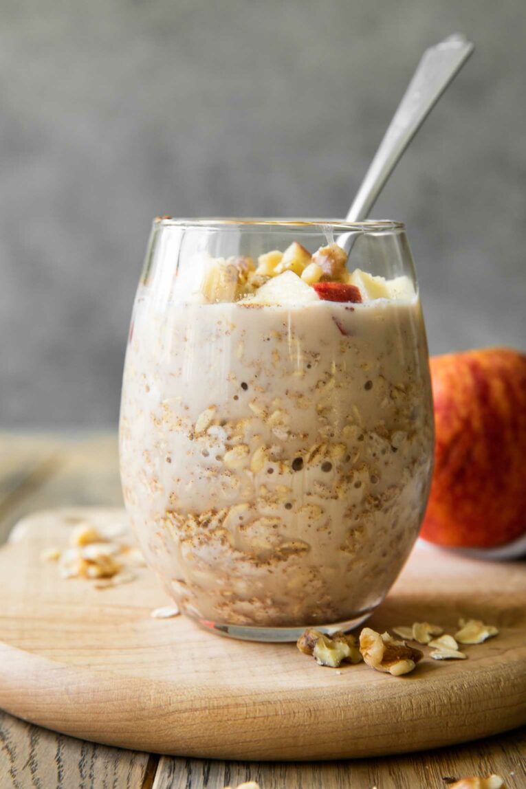 Apple Pie Overnight Oats in a glass cup.